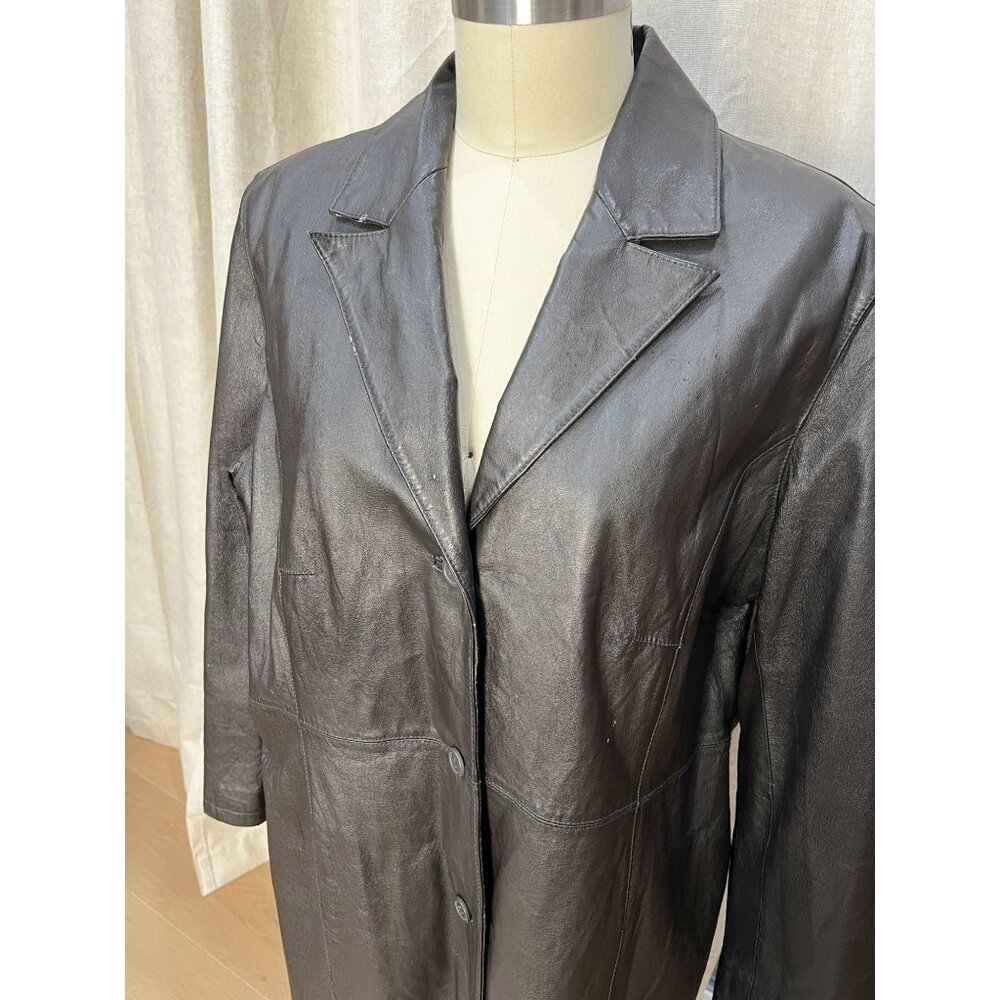Vintage Y2K Longline Leather Coat Sz 16 Espresso Dark Brown - Picture 3 of 9